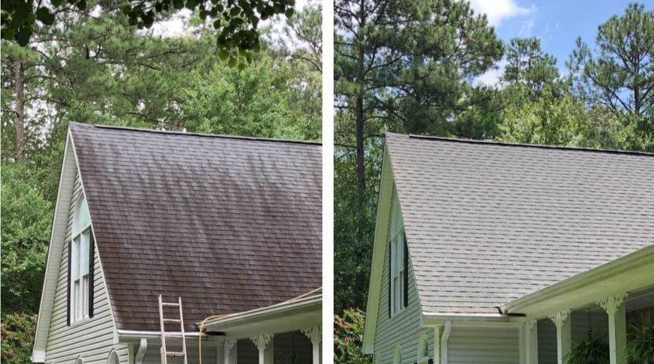 Soft wash roof cleaning to treat black streaks and algae