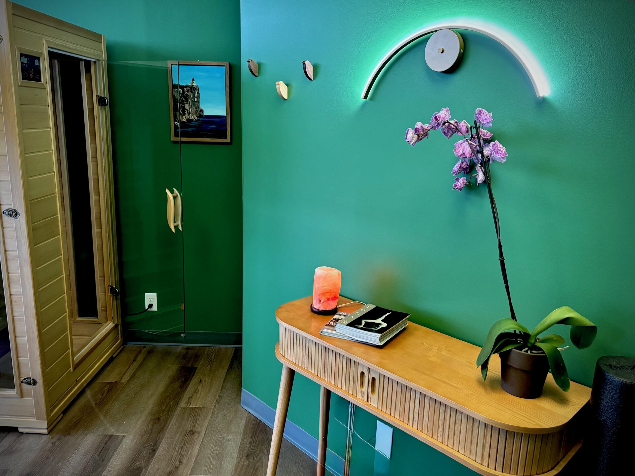 Wood-paneled interior of the infrared sauna cabin