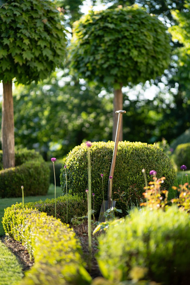 Well-maintained landscaped garden with shovel and green plants